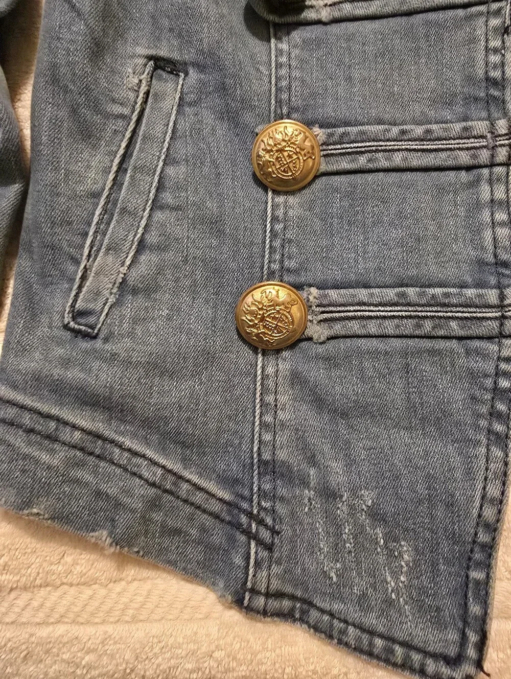 Free People Distressed Denim Military Jacket Gold Buttons Small - Picture 5 of 16
